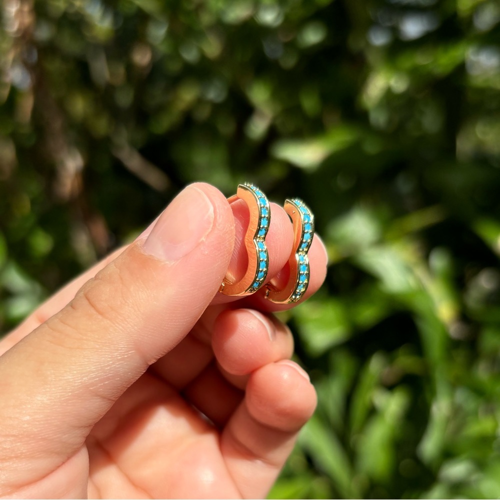 18K Gold Plated Stainless Steel Turquoise stone Large Heart Hoop Earrings